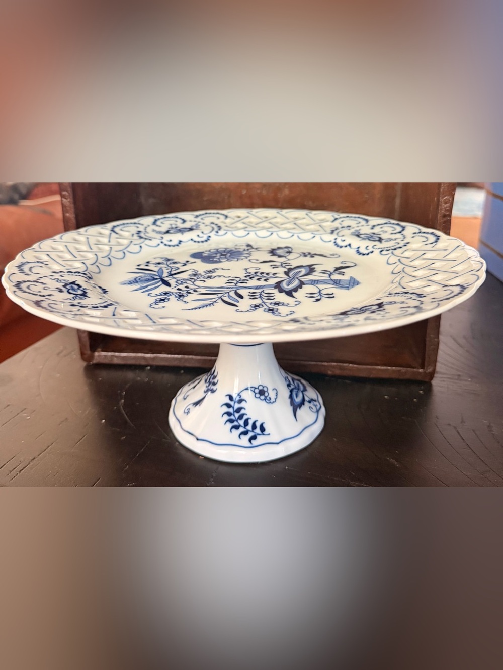 Blue Danube White Porcelain Pedestal Cake Stand with Blue Floral Pattern